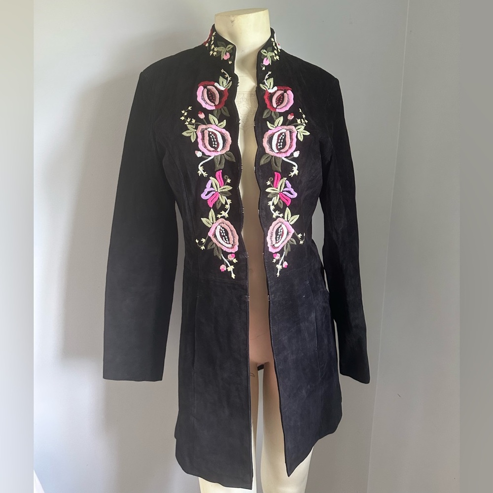 Margaret Godfrey black leather embroidered floral jacket